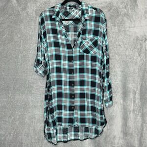 Fashion Model 2X Top Shirt Blue Black Plaid Button Up Tab Long Sleeve Collared